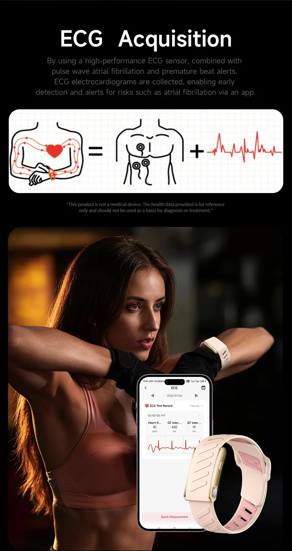 Bracelet connecté ECG HRV santé 3ATM