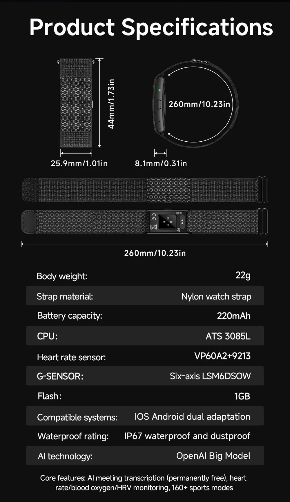 Bracelet connecté LIGE enregistreur audio IA