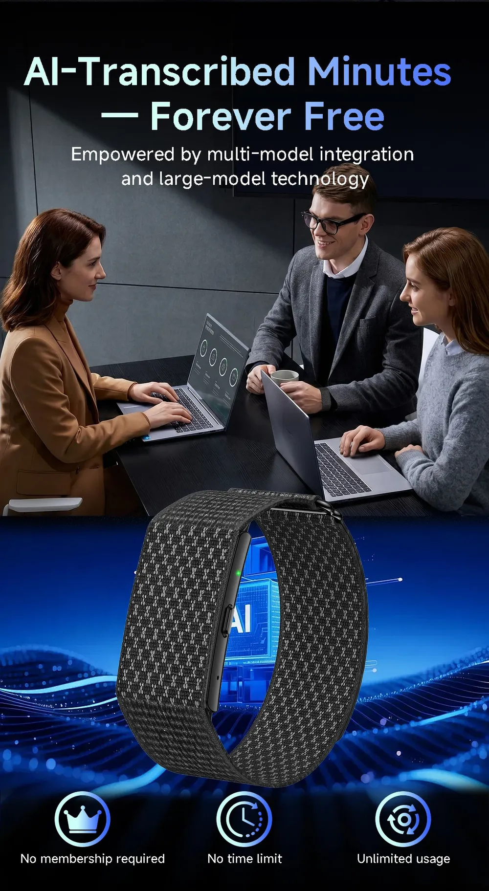 Bracelet connecté LIGE enregistreur audio IA