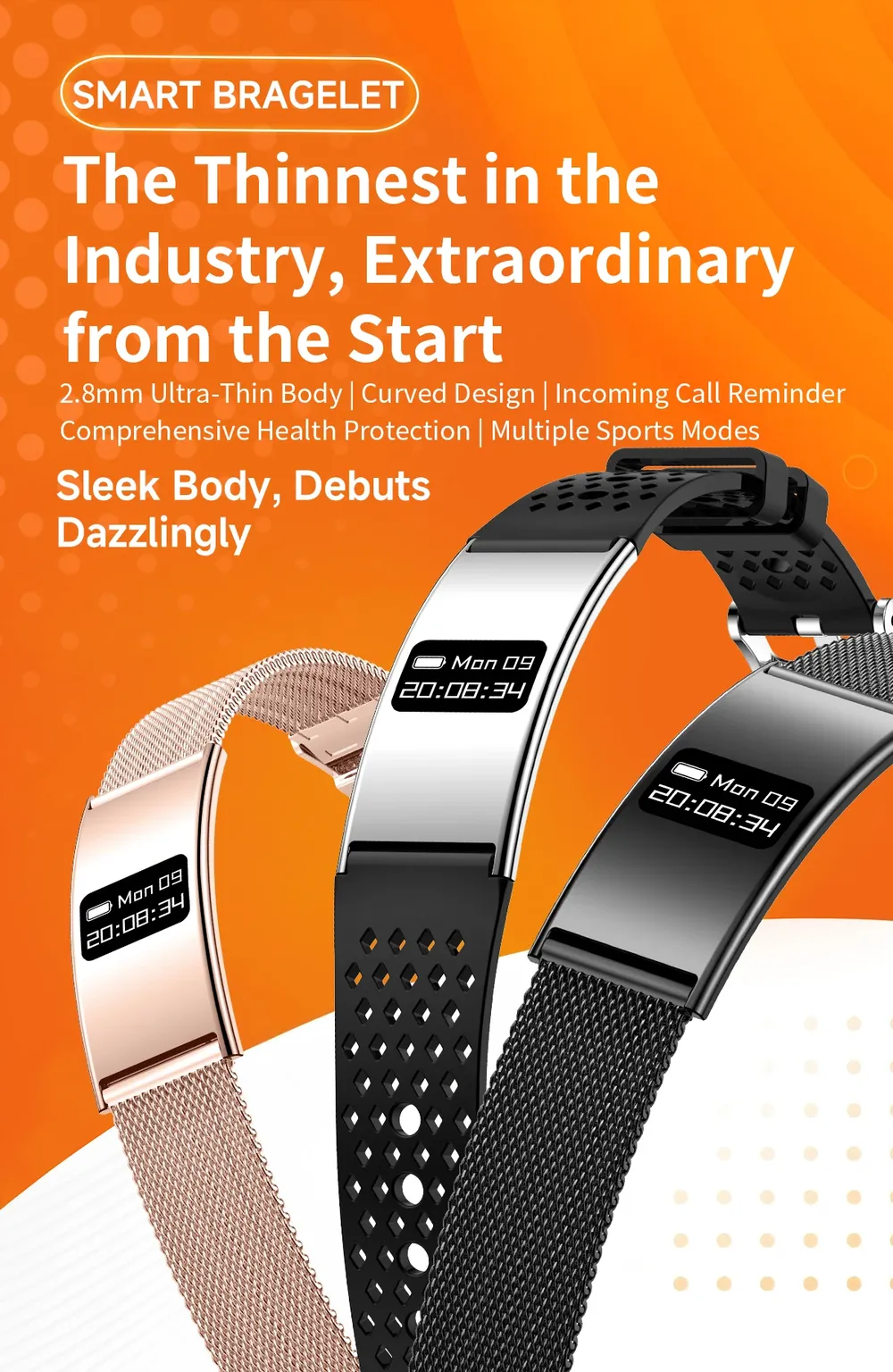 Bracelet connecté ultra-fin SpO2 rythme cardiaque
