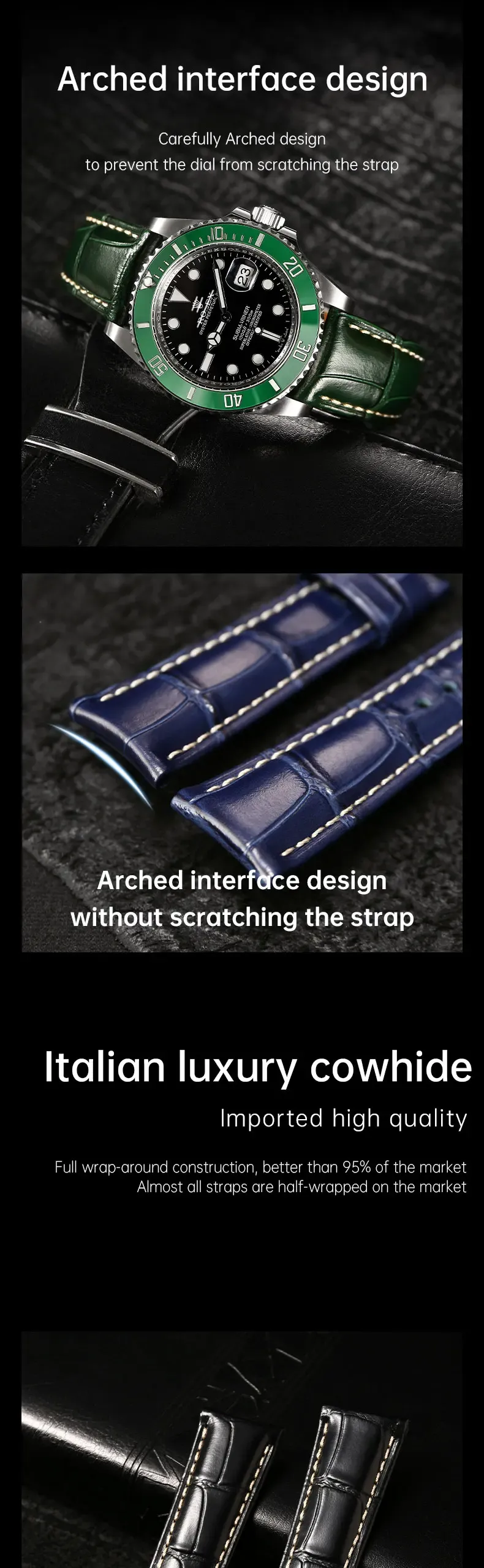 Bracelet cuir 20 à 22 mm pour Rolex Omega