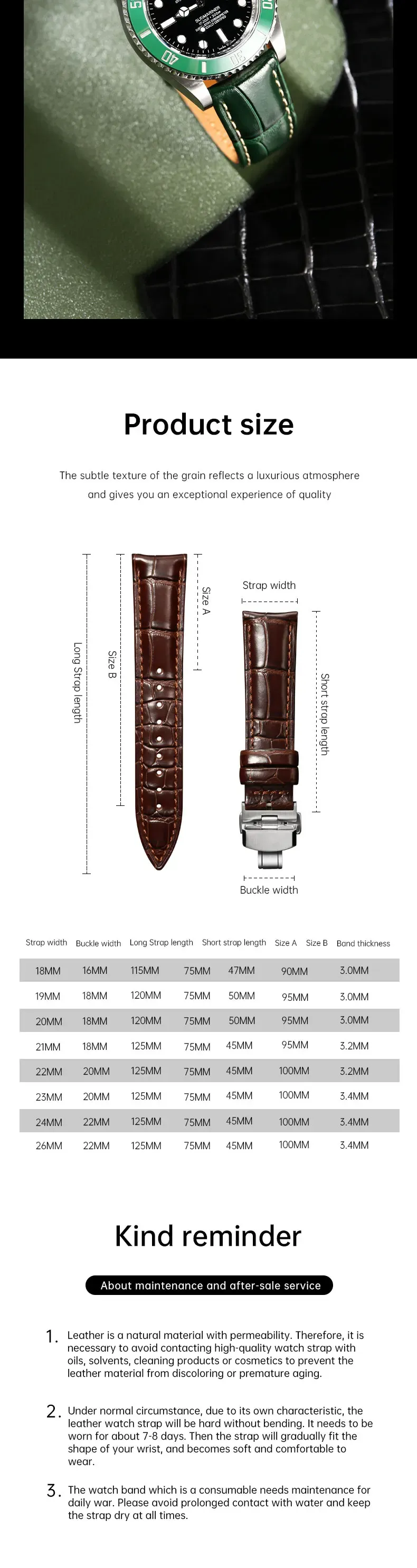 Bracelet cuir 20 à 22 mm pour Rolex Omega