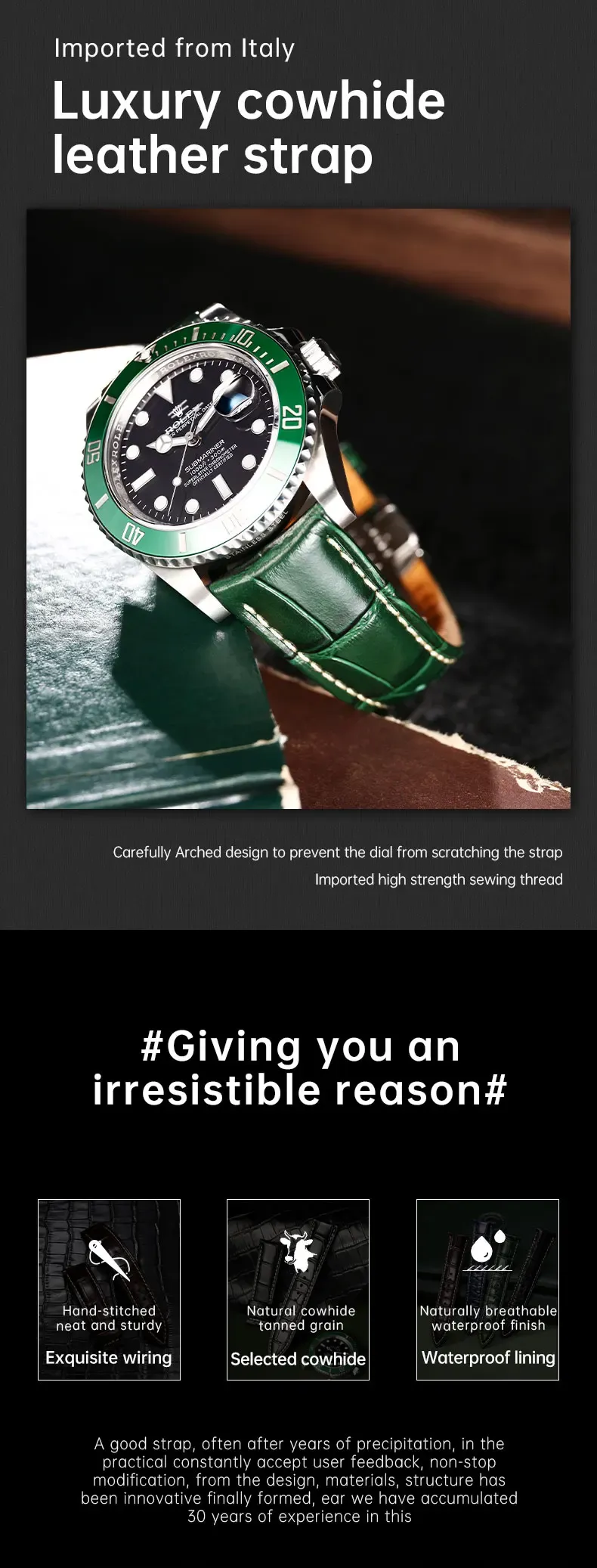 Bracelet cuir 20 à 22 mm pour Rolex Omega