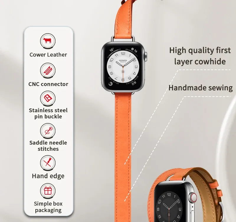 Bracelet cuir double tour 41 à 49 mm Apple Watch