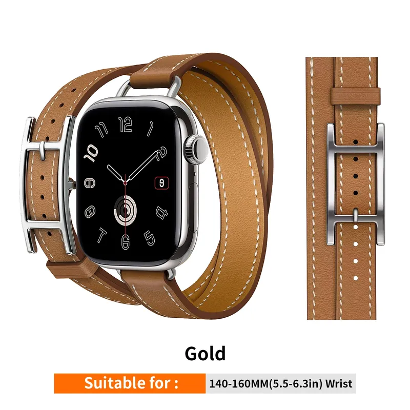 Bracelet cuir double tour boucle H pour Apple Watch 40 à 49 mm