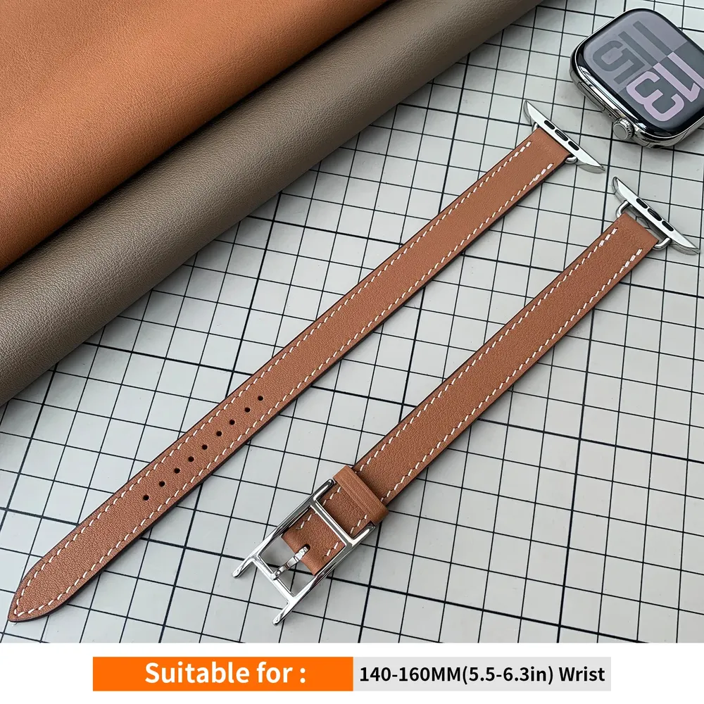 Bracelet cuir double tour boucle H pour Apple Watch 40 à 49 mm
