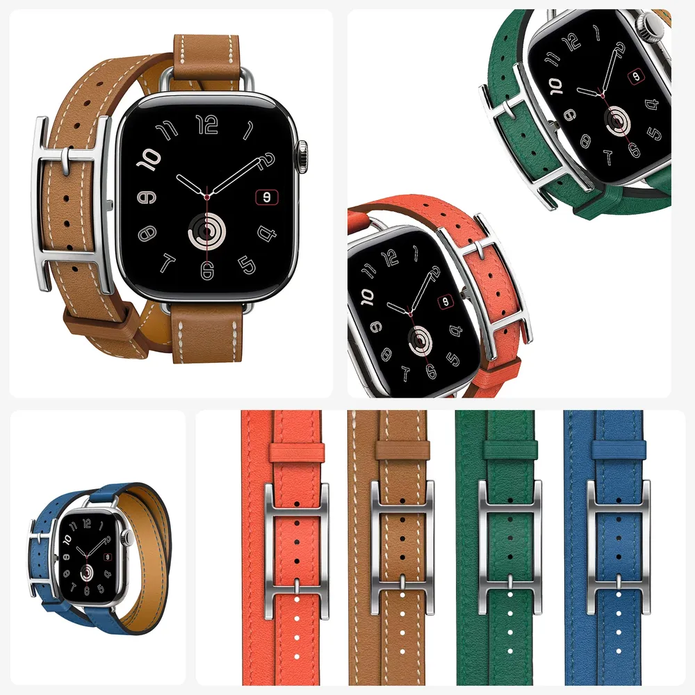Bracelet cuir double tour boucle H pour Apple Watch 40 à 49 mm