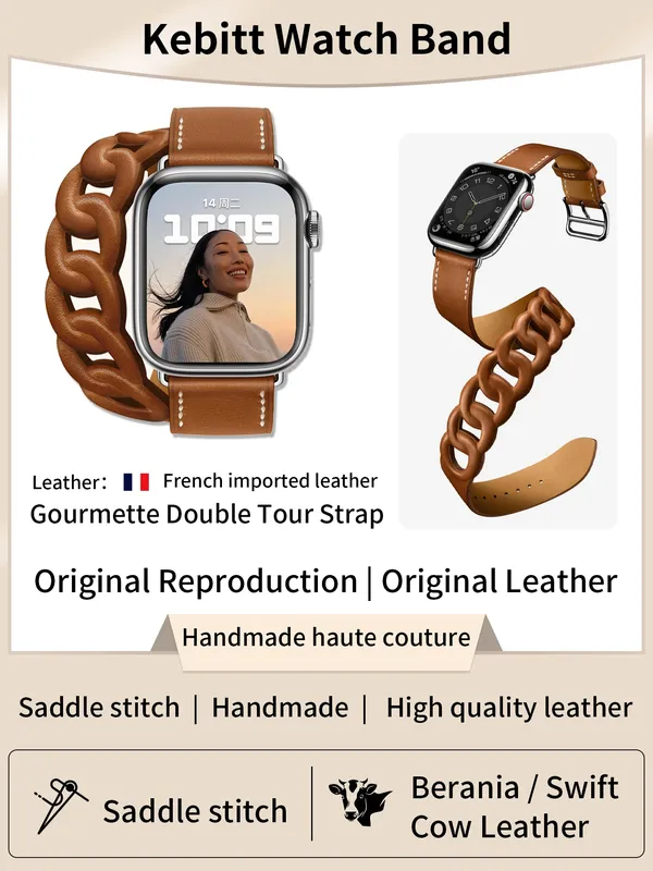 Bracelet cuir double tour gourmette pour Apple Watch 40 à 46 mm