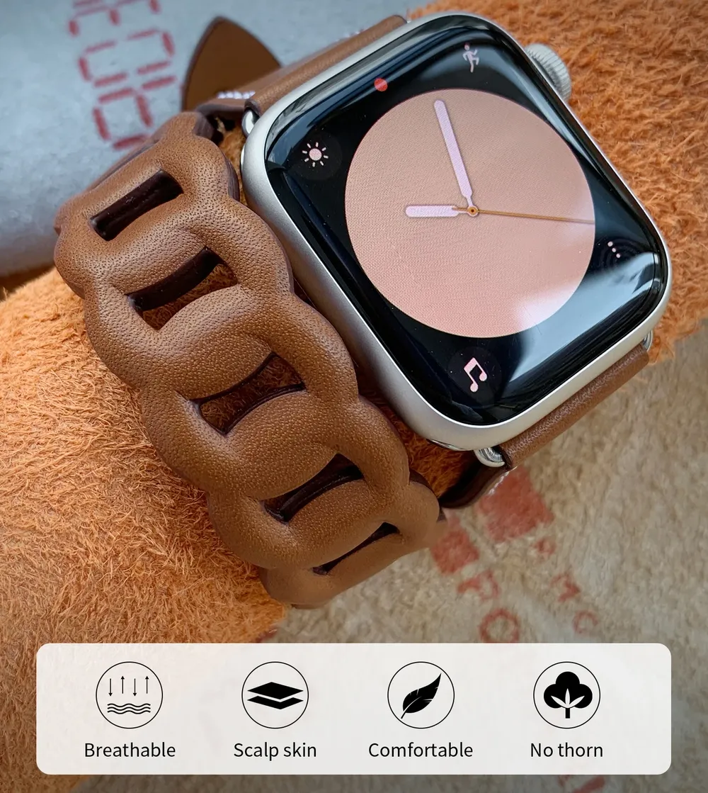 Bracelet cuir double tour gourmette pour Apple Watch 40 à 46 mm