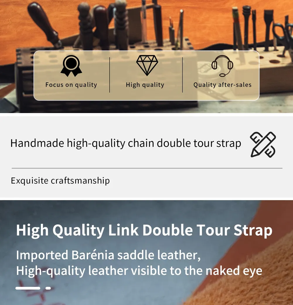 Bracelet cuir double tour gourmette pour Apple Watch 40 à 46 mm