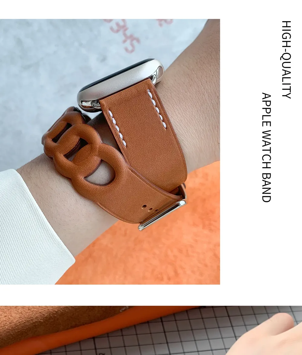 Bracelet cuir double tour gourmette pour Apple Watch 40 à 46 mm