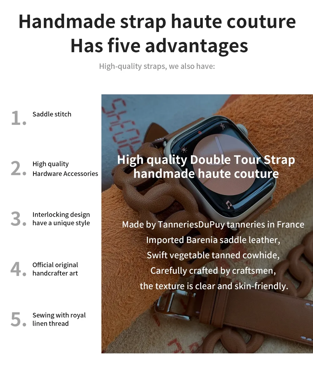 Bracelet cuir double tour gourmette pour Apple Watch 40 à 46 mm