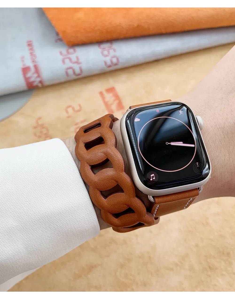 Bracelet cuir double tour gourmette pour Apple Watch 40 à 46 mm