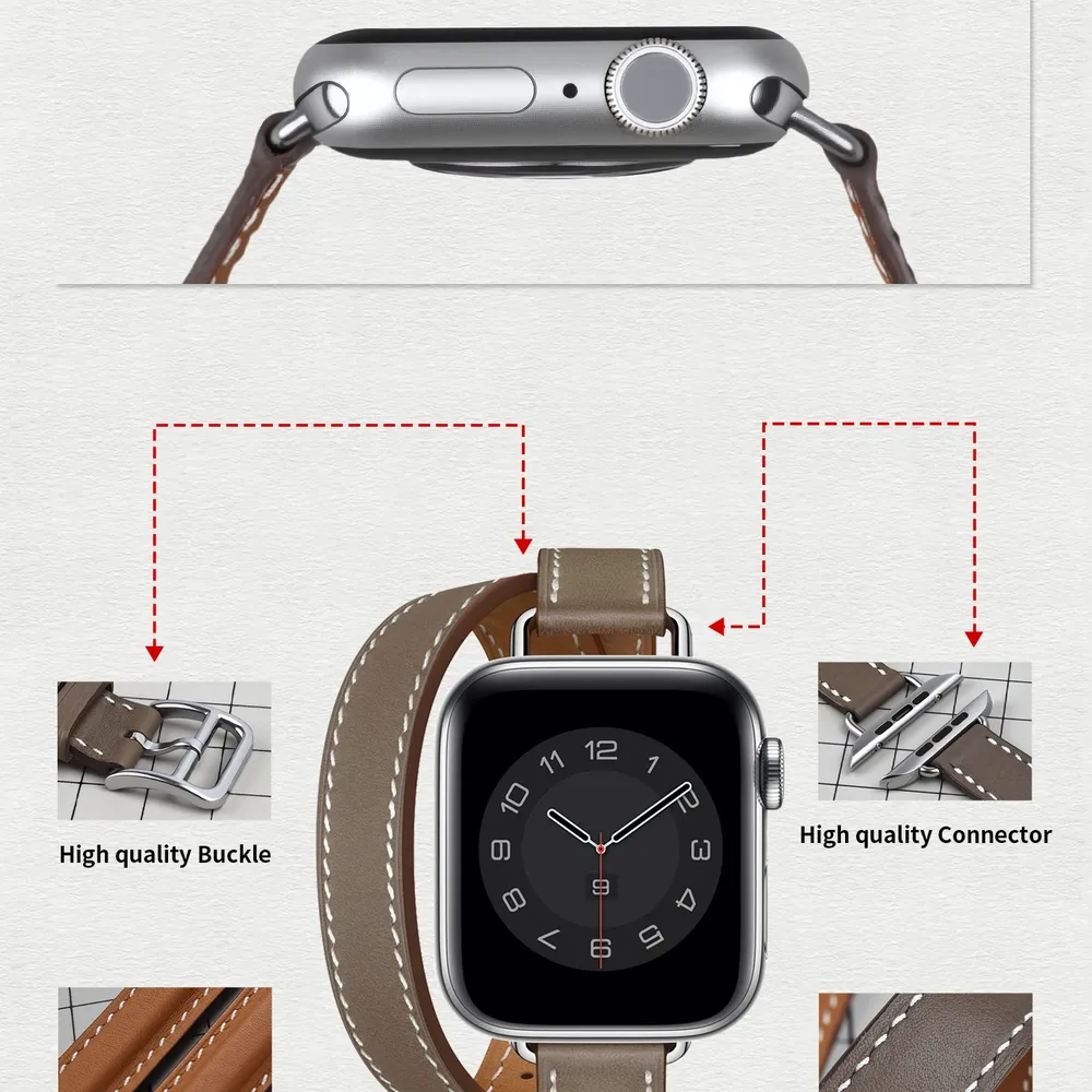 Bracelet cuir double tour pour Apple Watch 40 à 46 mm