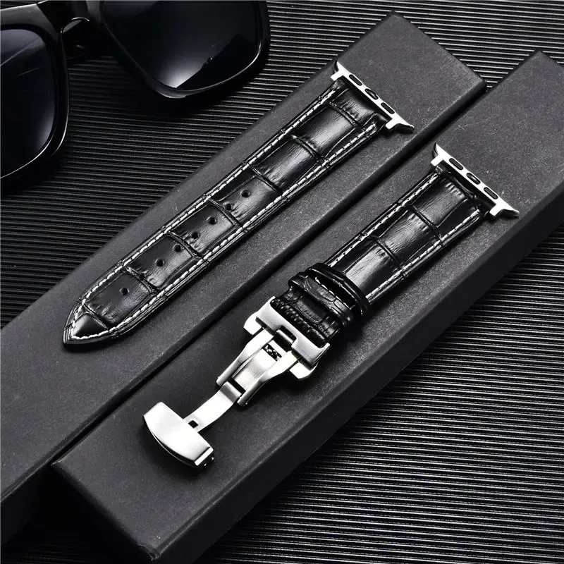 Bracelet cuir gaufré affaires pour Apple Watch 38 à 45 mm