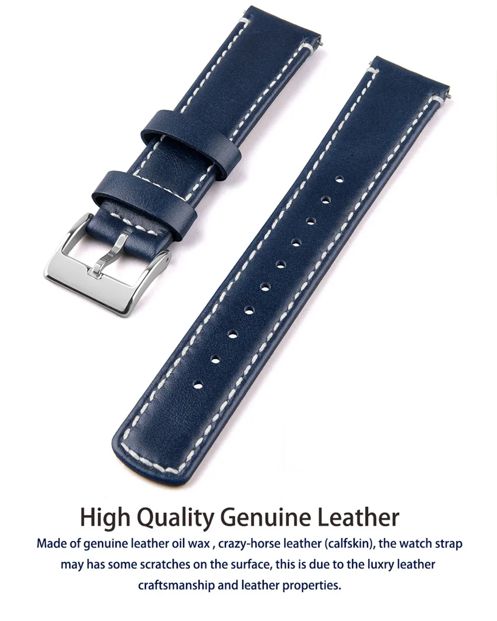 Bracelet cuir grainé 20 à 22 mm dégagement rapide