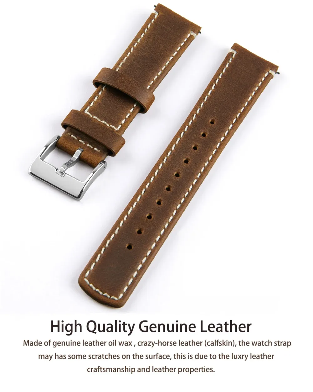 Bracelet cuir grainé 20 à 22 mm dégagement rapide