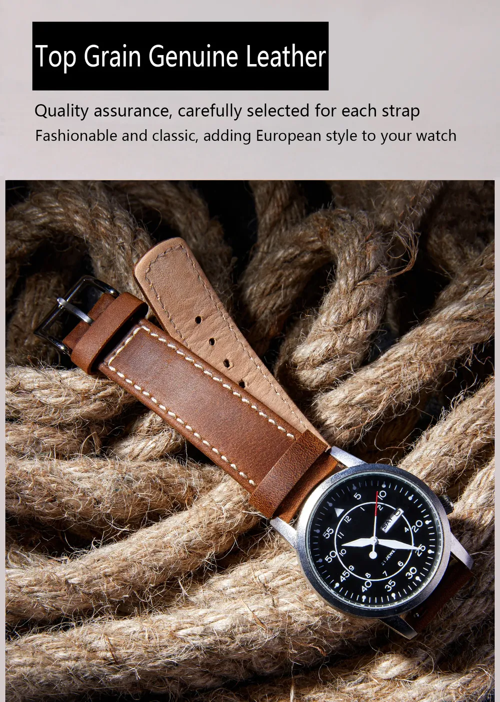 Bracelet cuir grainé 20 à 22 mm dégagement rapide