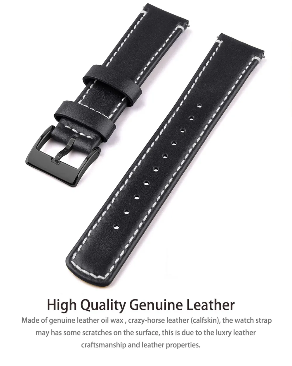 Bracelet cuir grainé 20 à 22 mm dégagement rapide