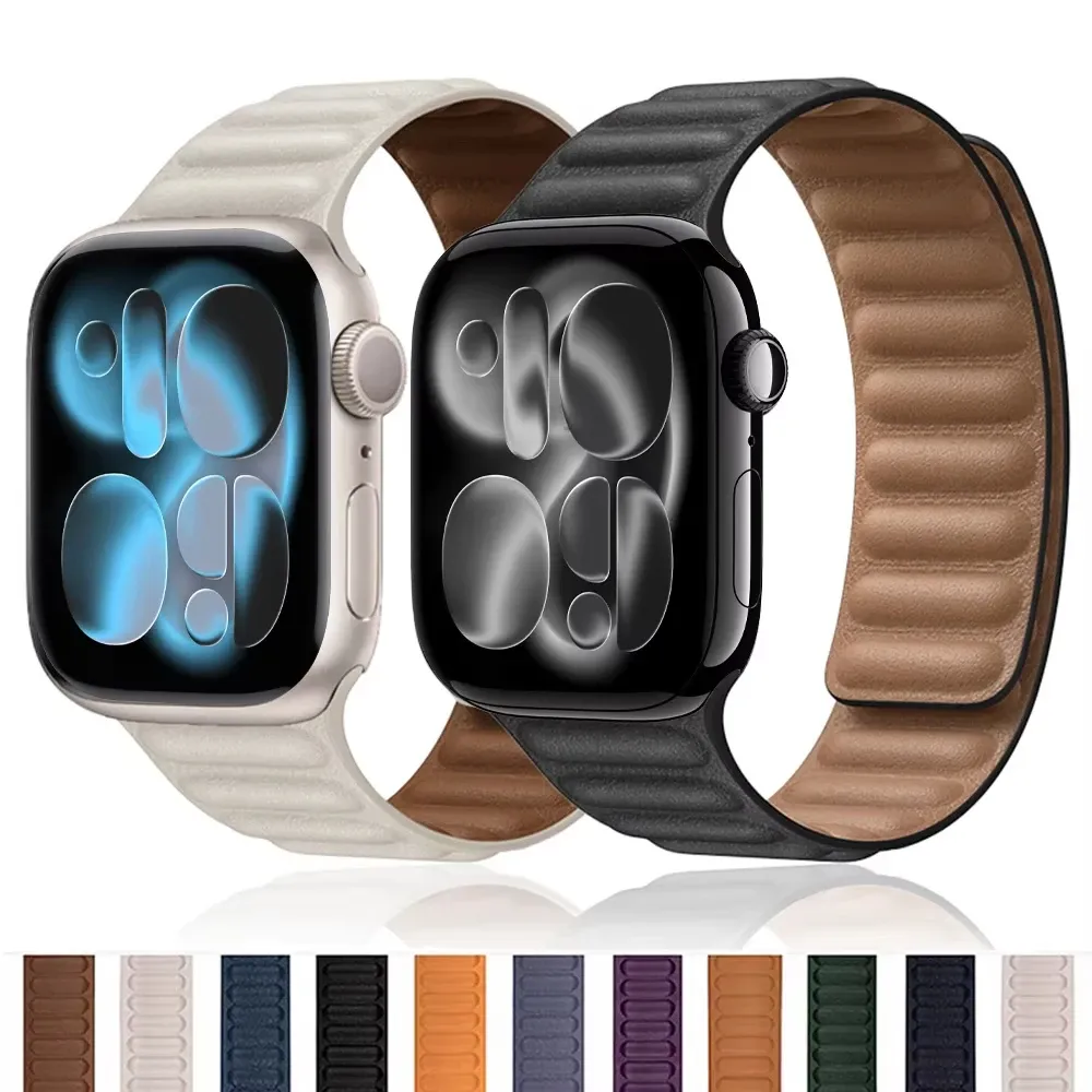 Bracelet cuir magnétique pour Apple Watch 38 à 49 mm
