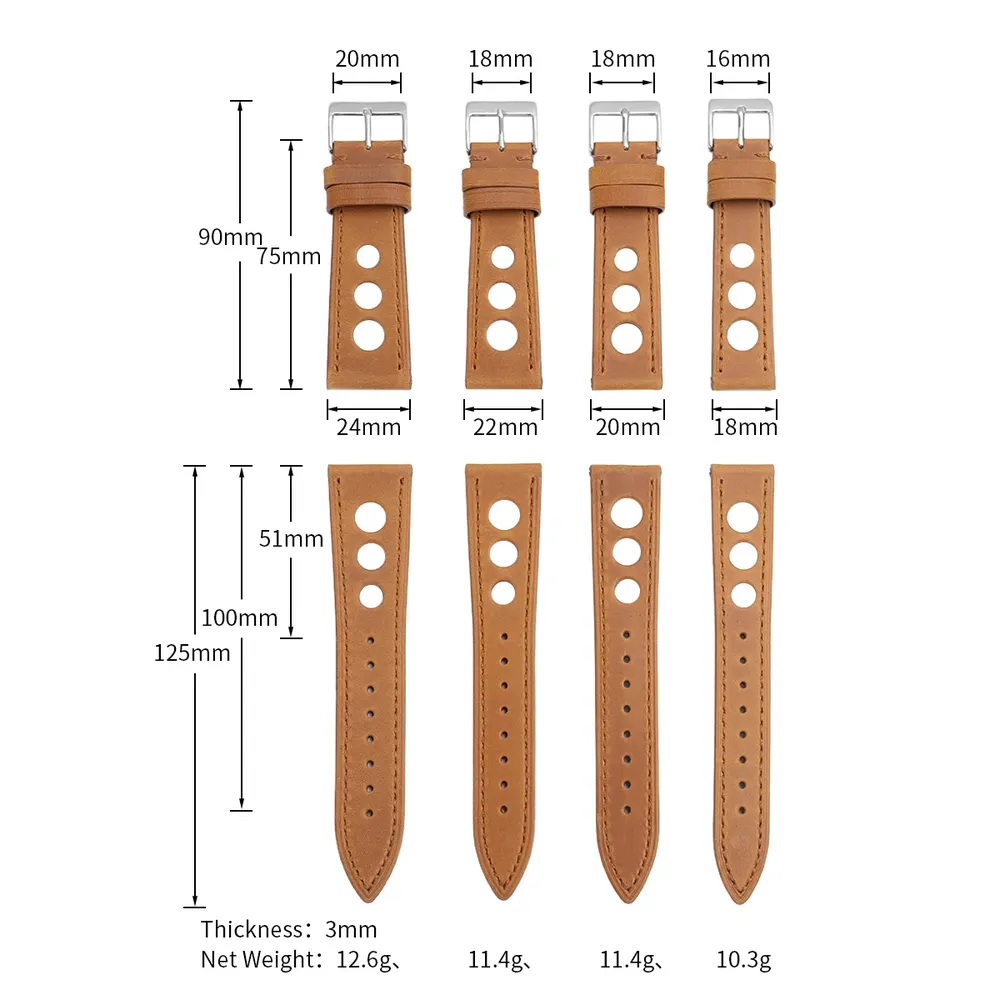 Bracelet cuir respirant pour montre 18 à 24 mm