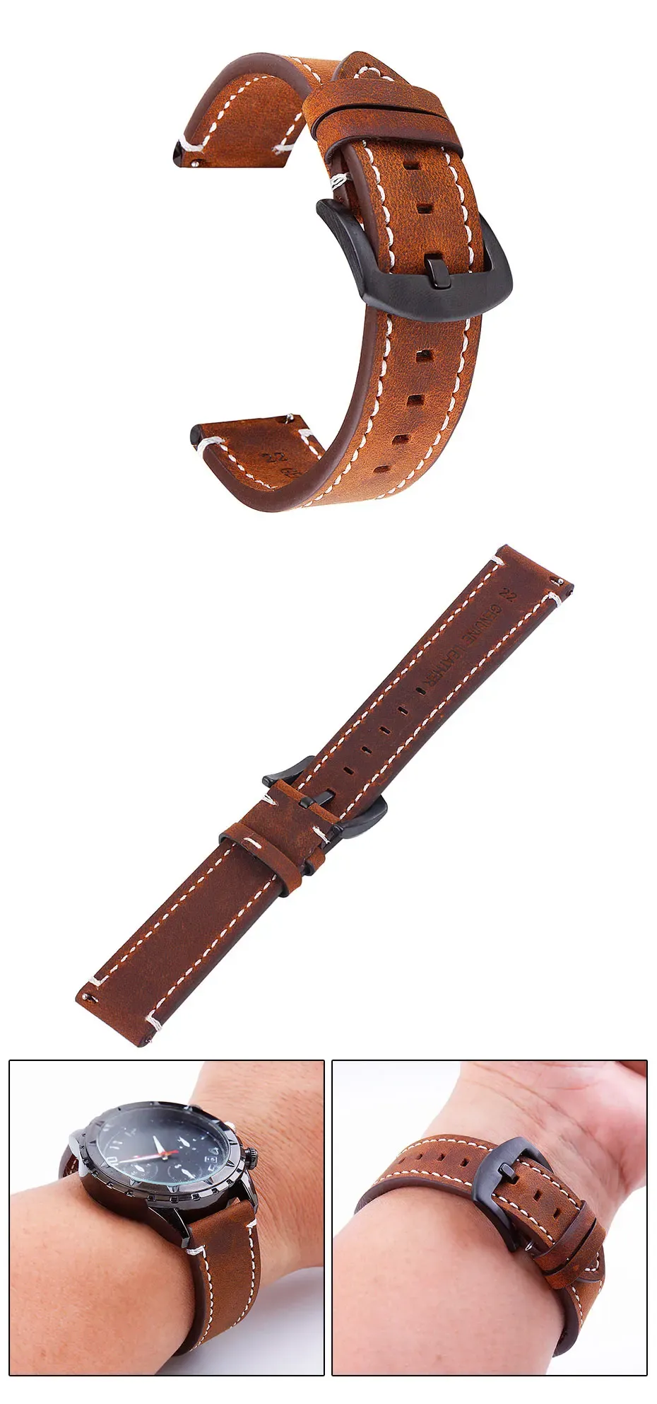 Bracelet cuir rétro haut de gamme 18 à 24 mm