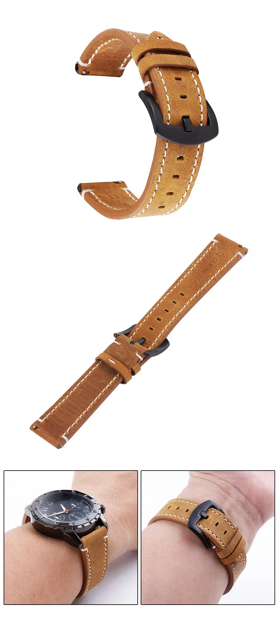 Bracelet cuir rétro haut de gamme 18 à 24 mm