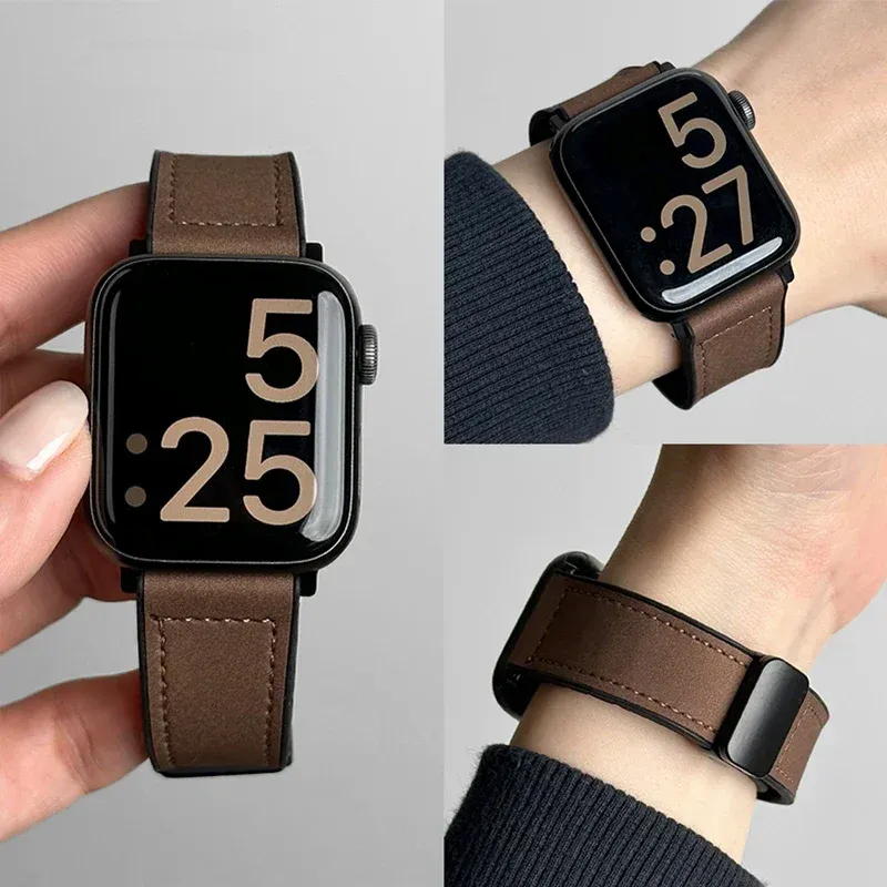 Bracelet cuir silicone magnétique pour Apple Watch 38 à 49 mm