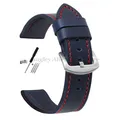 Bracelet cuir vintage 18 à 24 mm style militaire – Couleur du bracelet BlueRed-Silver