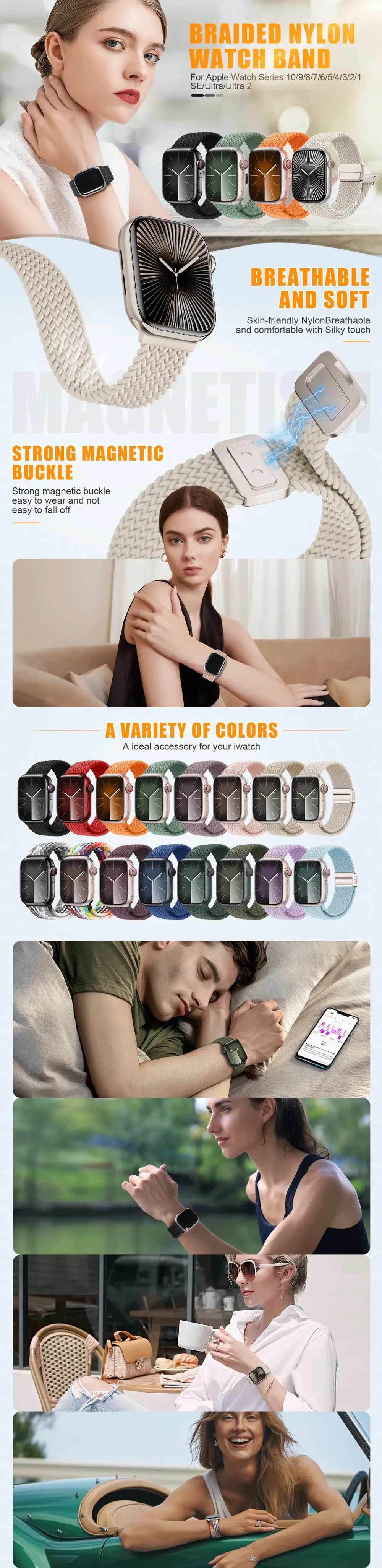 Bracelet magnétique tressé pour Apple Watch 38 à 49 mm