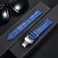 Bracelet montre cuir bambou 18 à 24 mm boucle papillon – Couleur du bracelet blue-silver