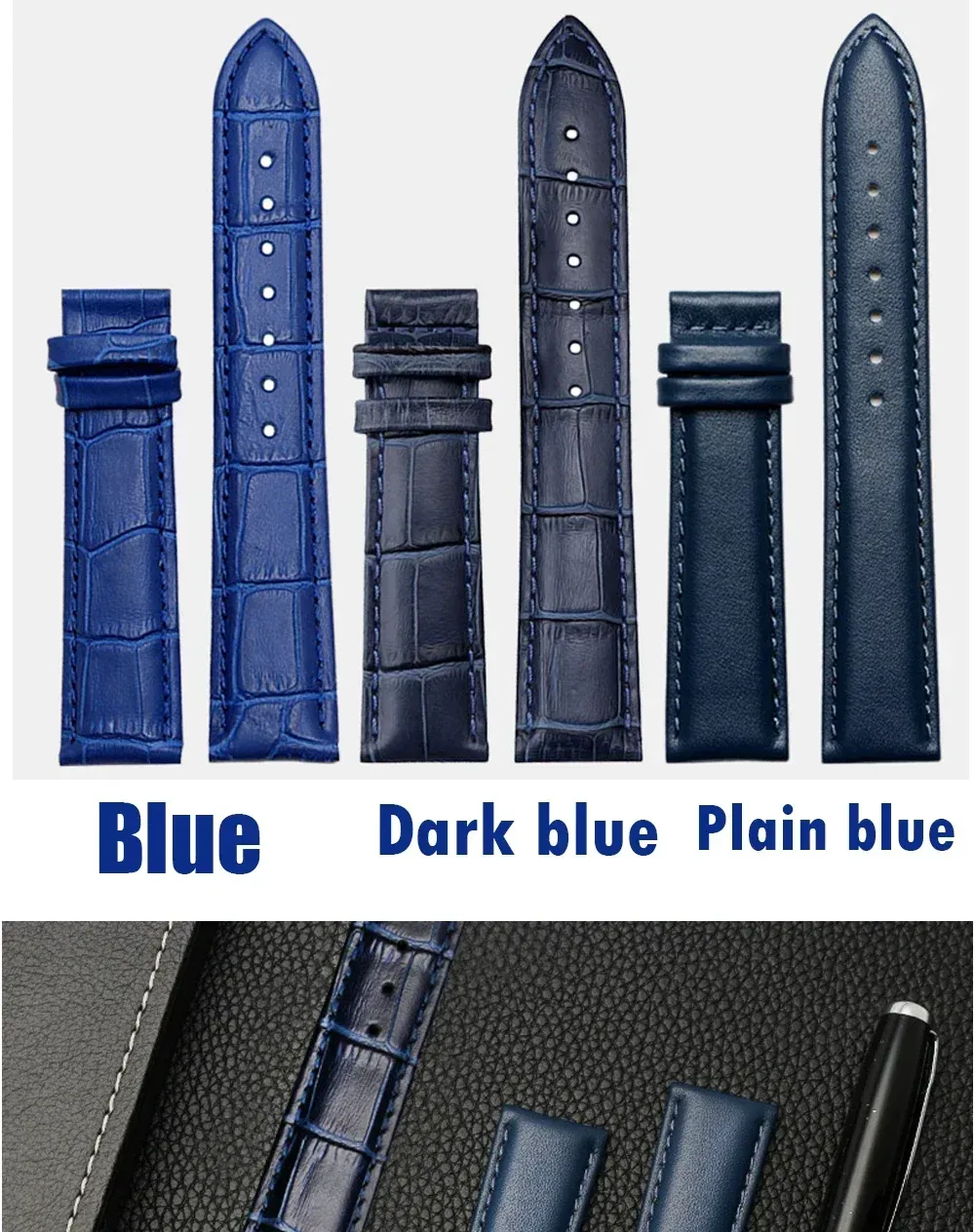 Bracelet montre cuir bleu réglable 14 à 22 mm