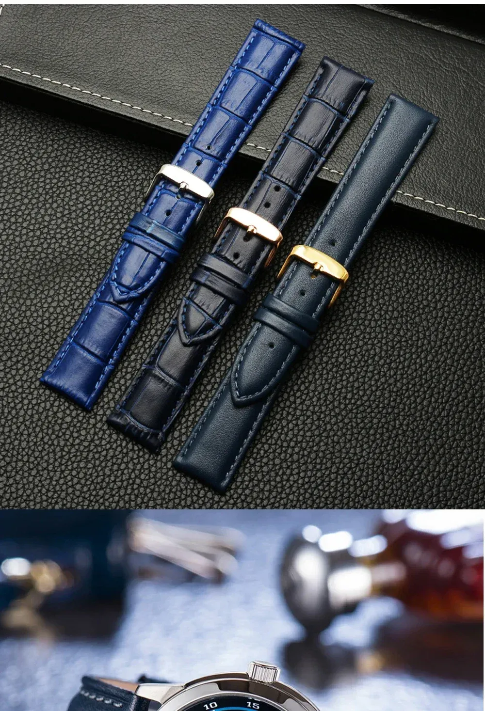 Bracelet montre cuir bleu réglable 14 à 22 mm