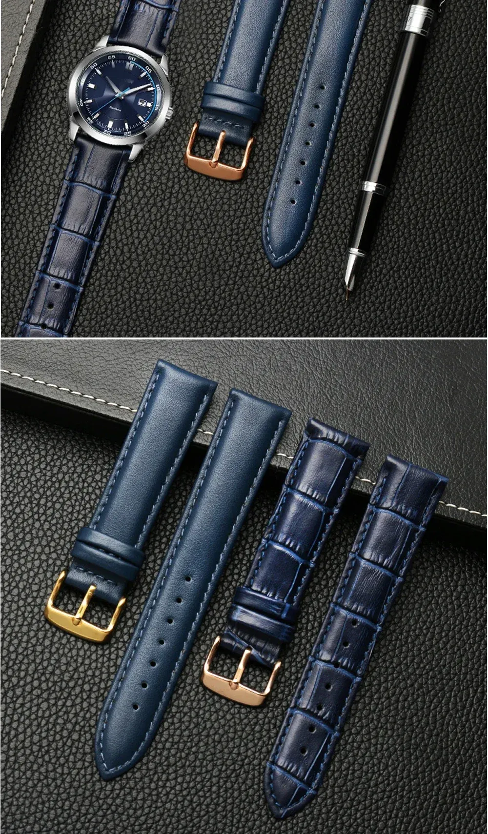 Bracelet montre cuir bleu réglable 14 à 22 mm