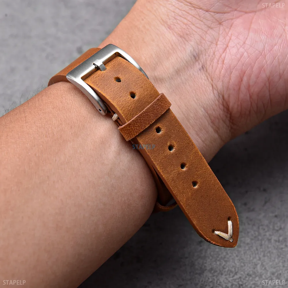 Bracelet montre cuir ciré 18 à 22 mm fait main