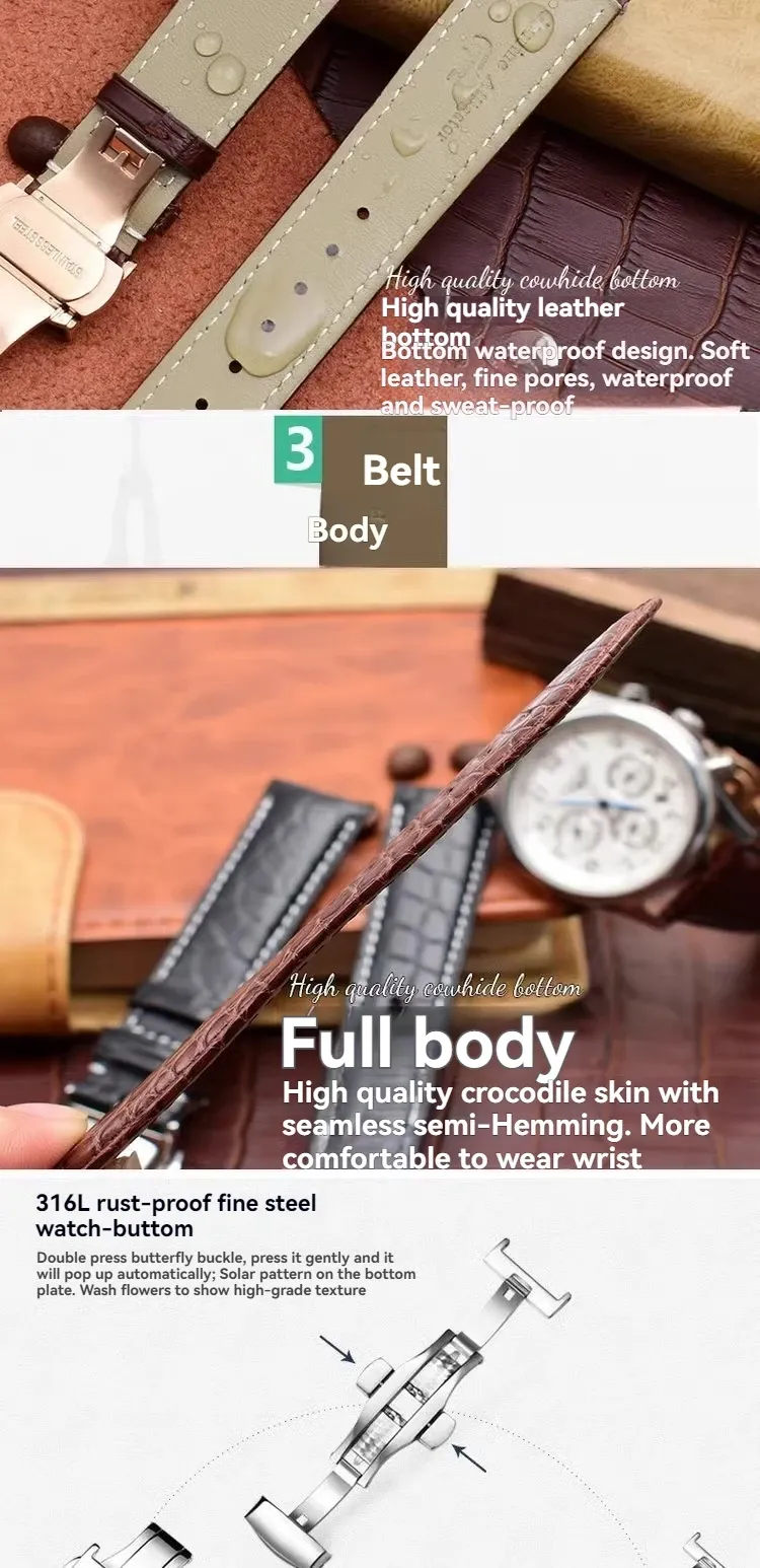 Bracelet montre cuir croco 12 à 19 mm boucle papillon