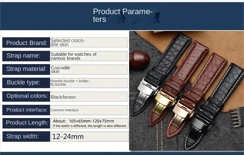 Bracelet montre cuir crocodile 12 à 18 mm
