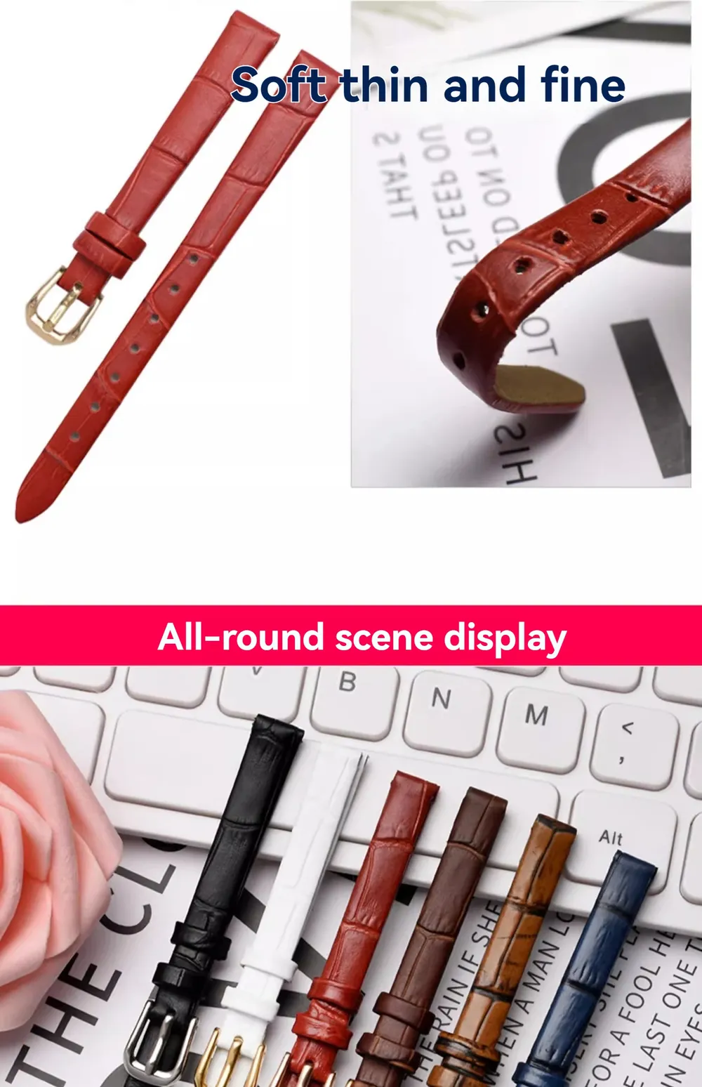 Bracelet montre cuir fin croco 6 à 16 mm