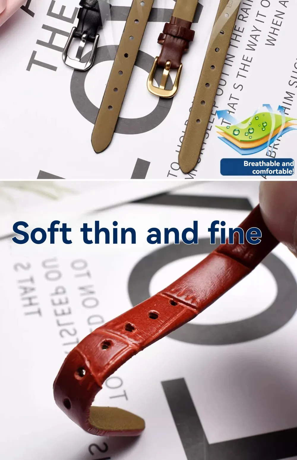Bracelet montre cuir fin croco 6 à 16 mm
