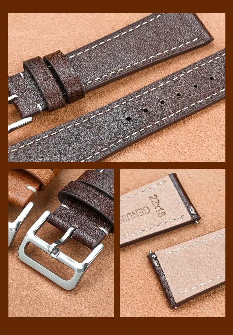Bracelet montre cuir véritable 17 à 22 mm rétro