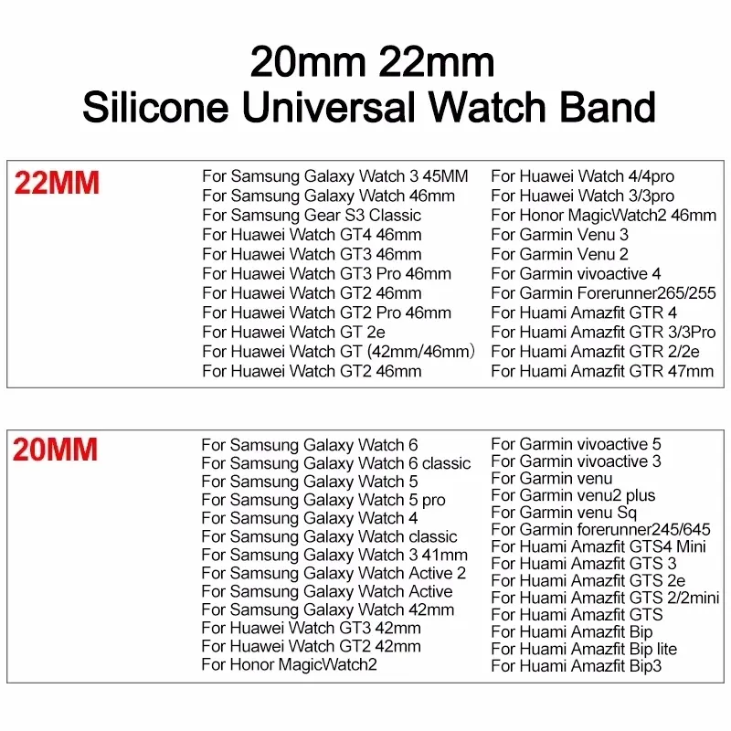 Bracelet montre silicone 18 à 22 mm universel