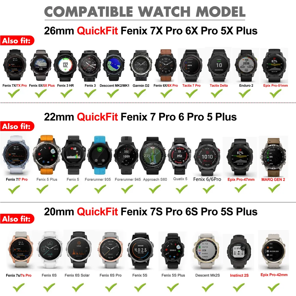 Bracelet montre silicone 20 à 26 mm Garmin Fenix