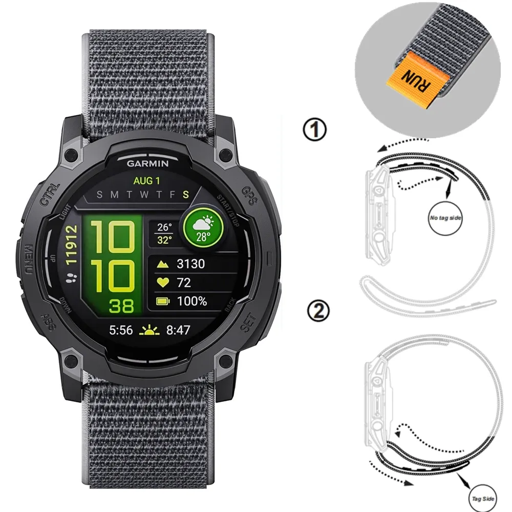 Bracelet nylon sport 22 à 26 mm pour Garmin Instinct