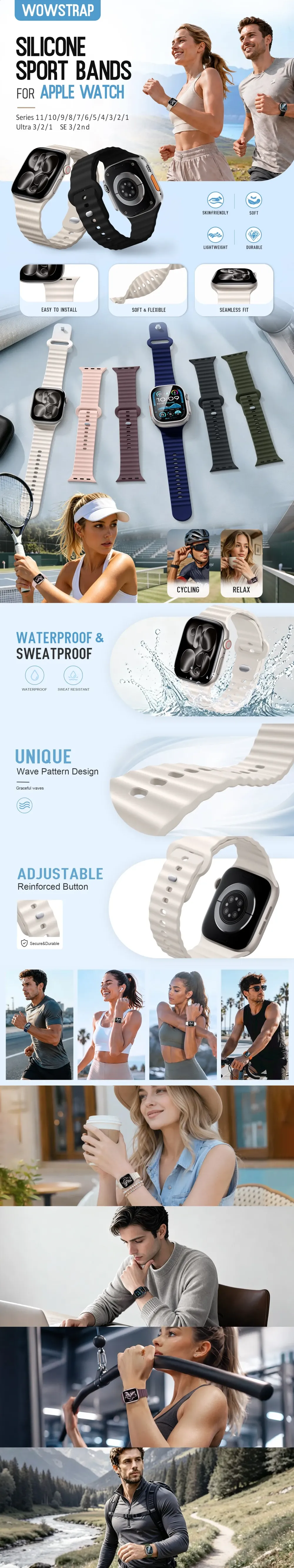 Bracelet silicone sport 38 à 49 mm pour Apple Watch