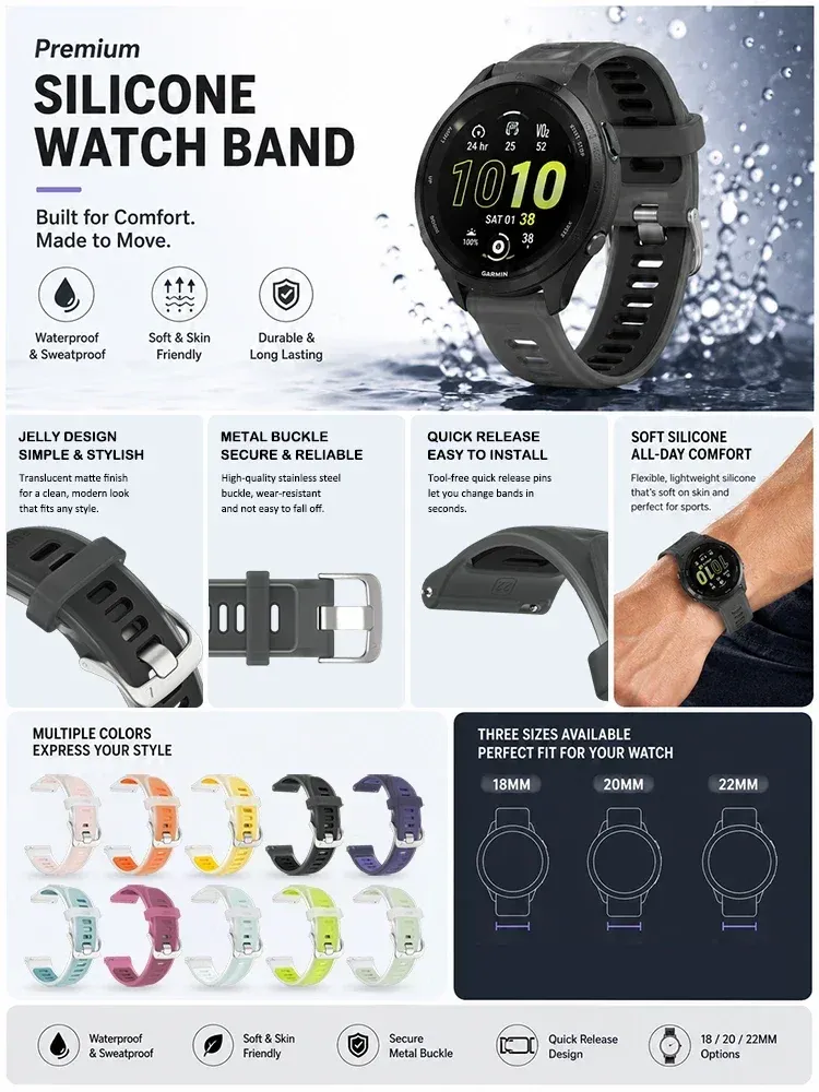 Bracelet sport silicone Garmin Forerunner 18 à 22 mm