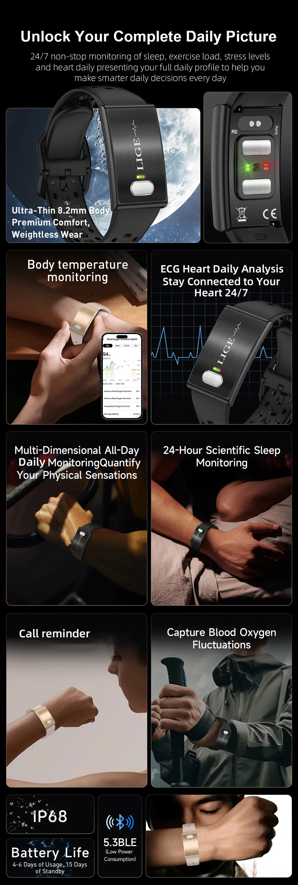 Montre connectée santé ECG PPG homme femme